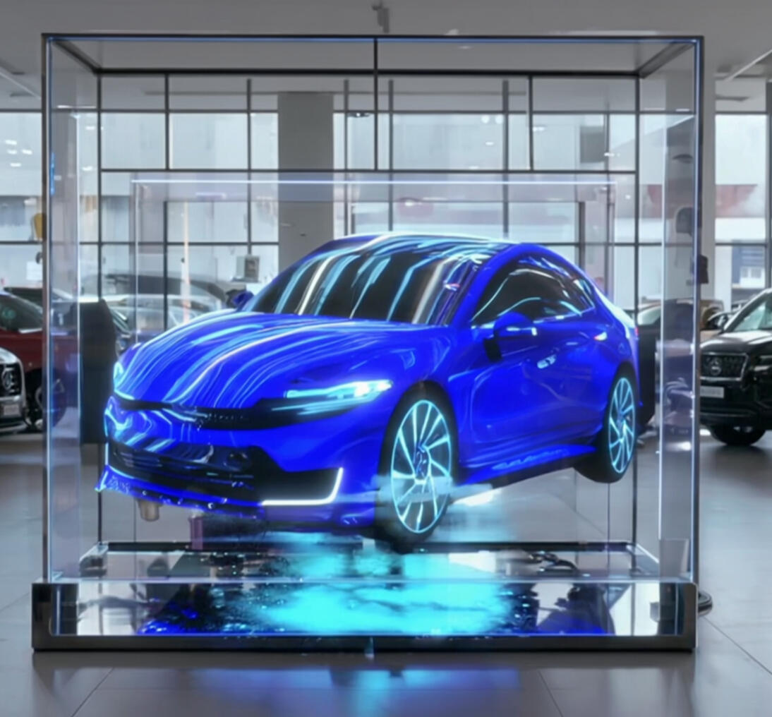 A luxury car displayed on a hologram fan in a high-end auto dealership showroom, showcasing advanced 3D animation effects.